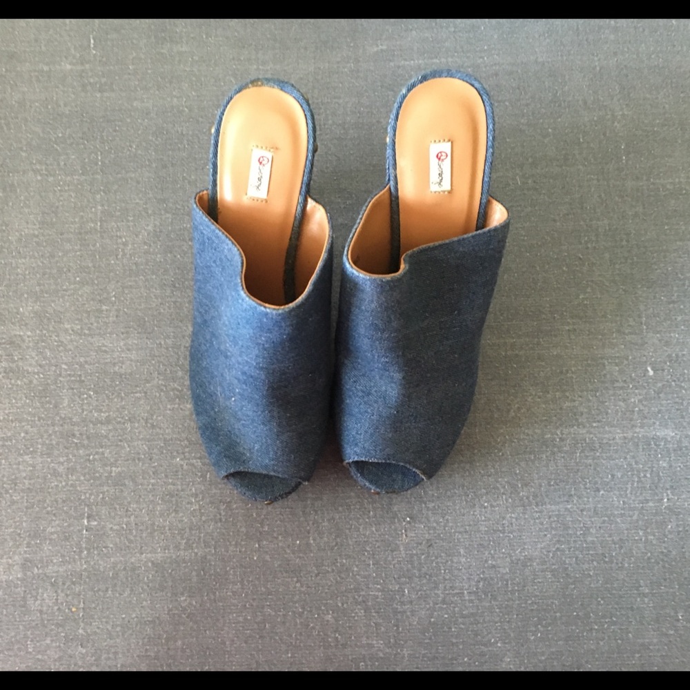 Brand new, denim peep toe shoe, 3” heel.